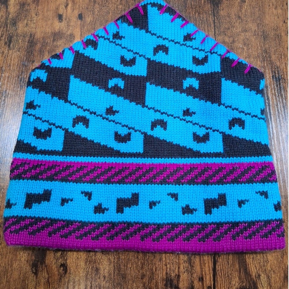 Vintage The North Face Wool Beanie Hat Blue Geometric Knit Made in USA Retro